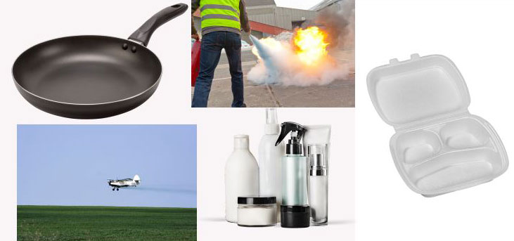 collage of items that contain pfas fire retardant, pesticides, non stick coating, styrofoam
